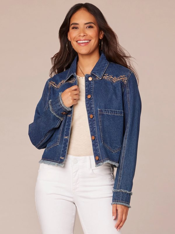 Long Sleeve Fray Cuff Button Front Denim Jacket with Embroidered Yoke Online