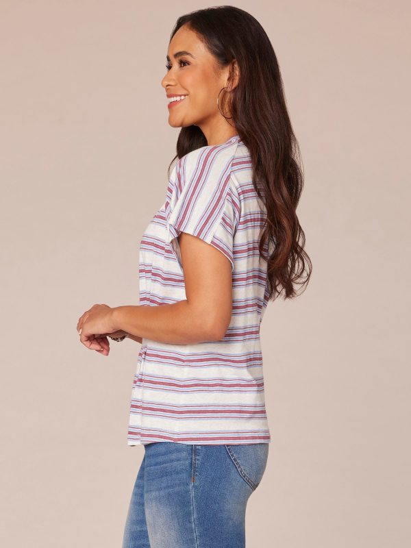 Short Sleeve Crew Neck Side Pleat Stripe Print Knit Top Online now - Image 3