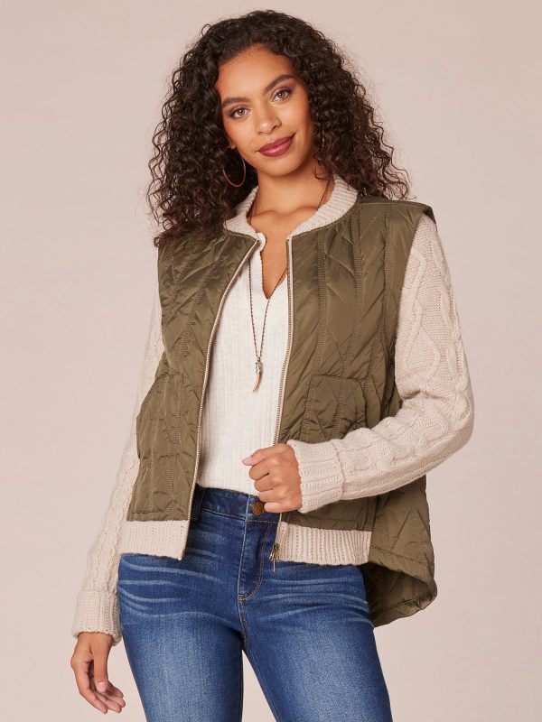 Long Sleeve Mock Neck Zip Front Quilted Vest Jacket with Patch Pockets For Cheap